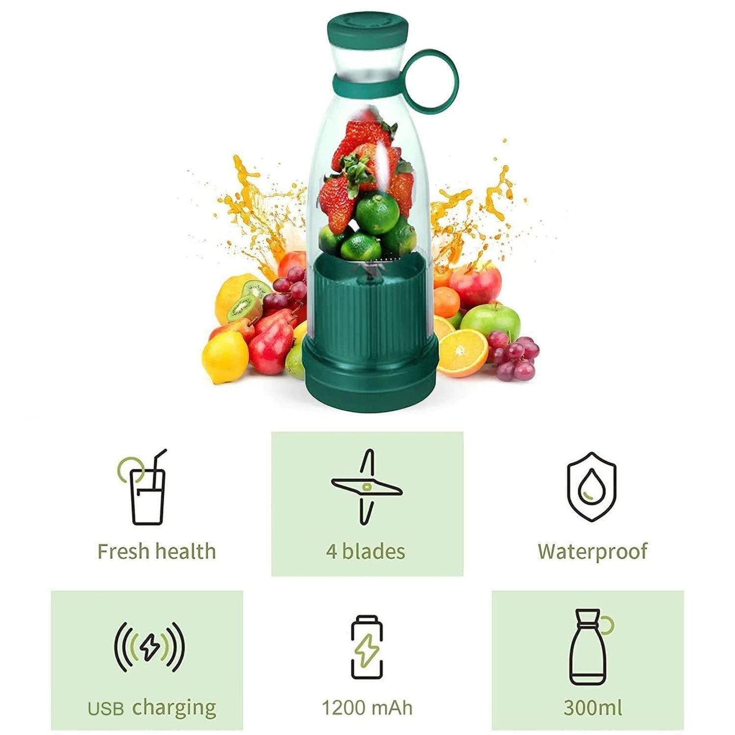 Green portable blender with fruits inside, surrounded by icons and text highlighting features on a white background.