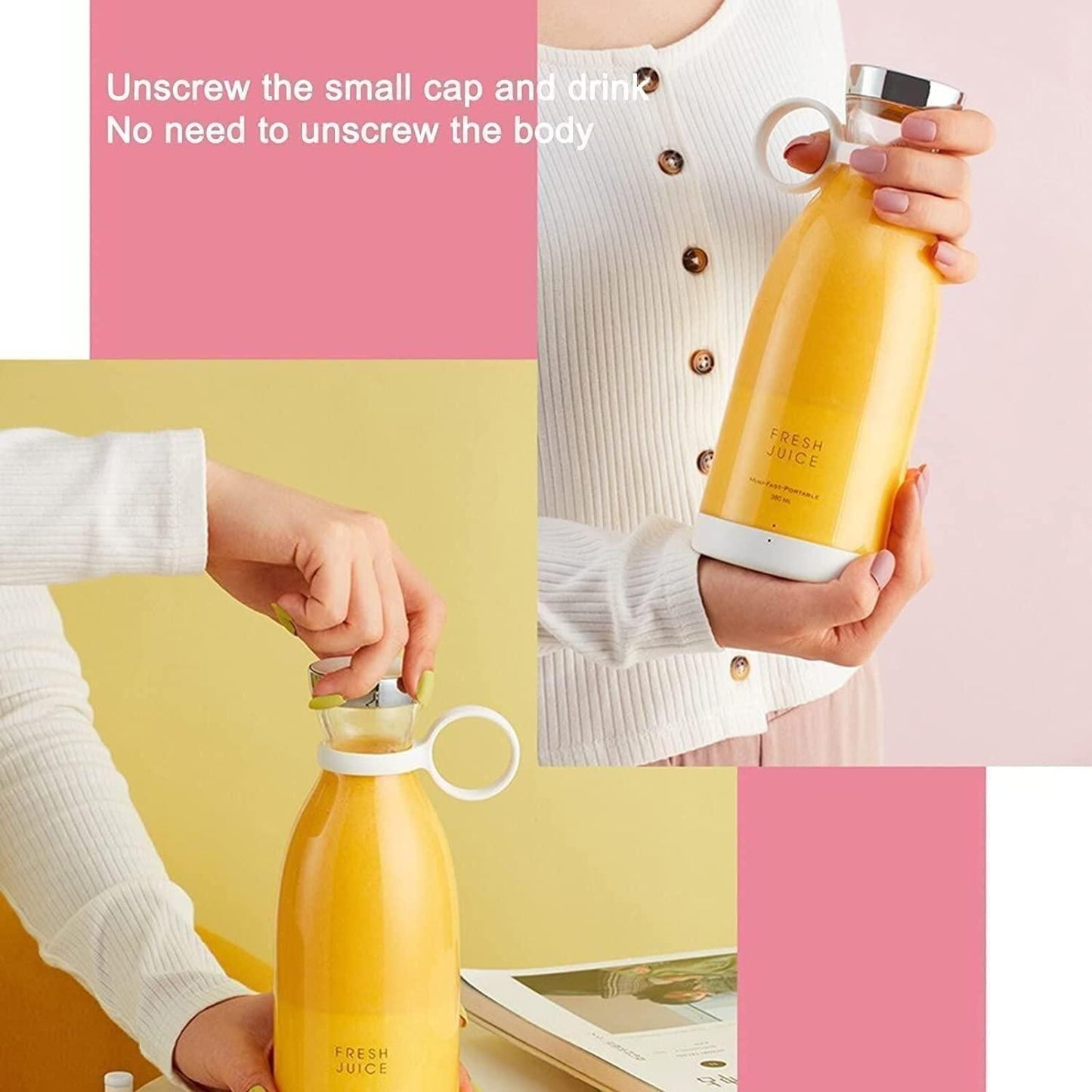 Person holding a yellow bottle with a white cap, unscrewing it on a pink and yellow background.