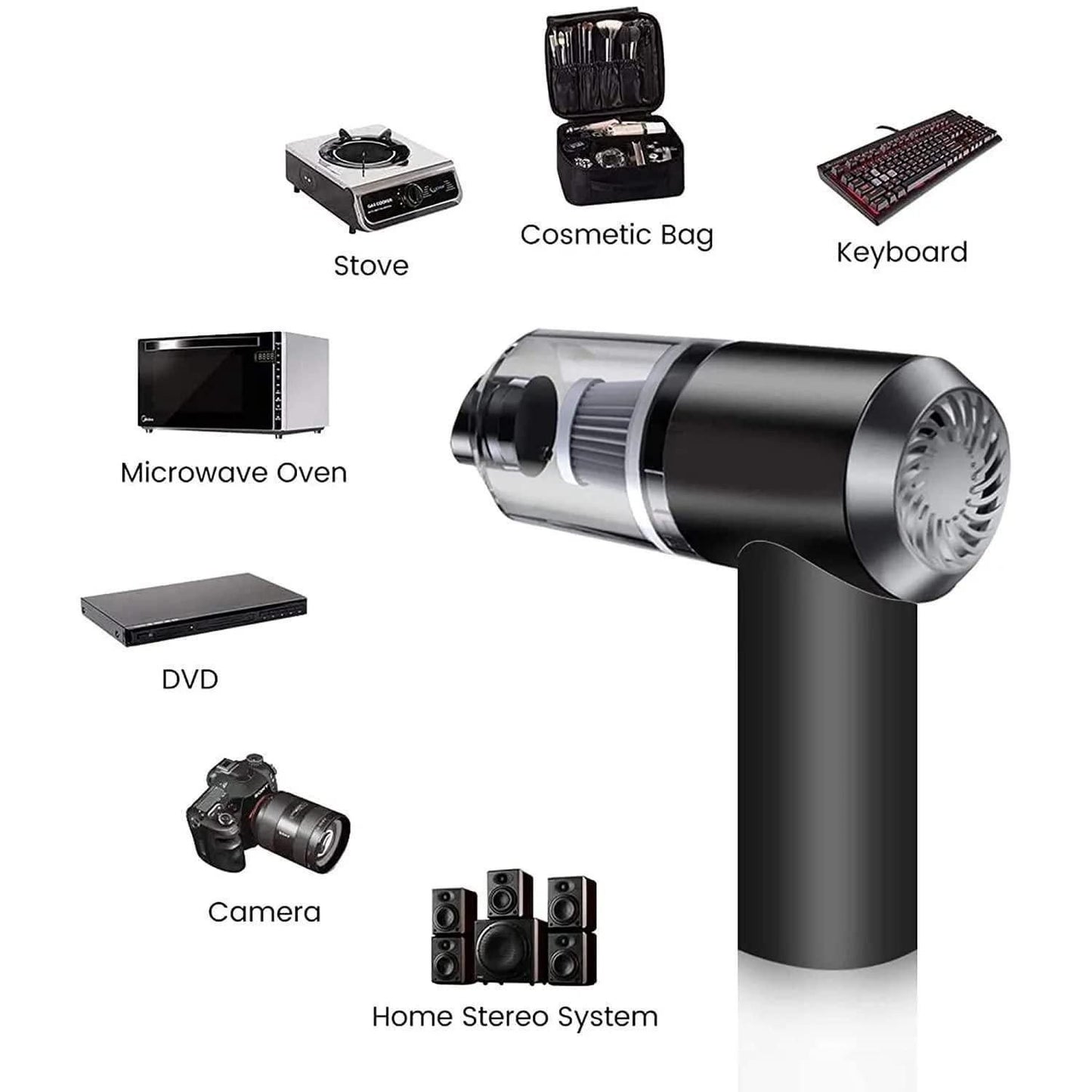 Black handheld vacuum cleaner with labeled items on a white background