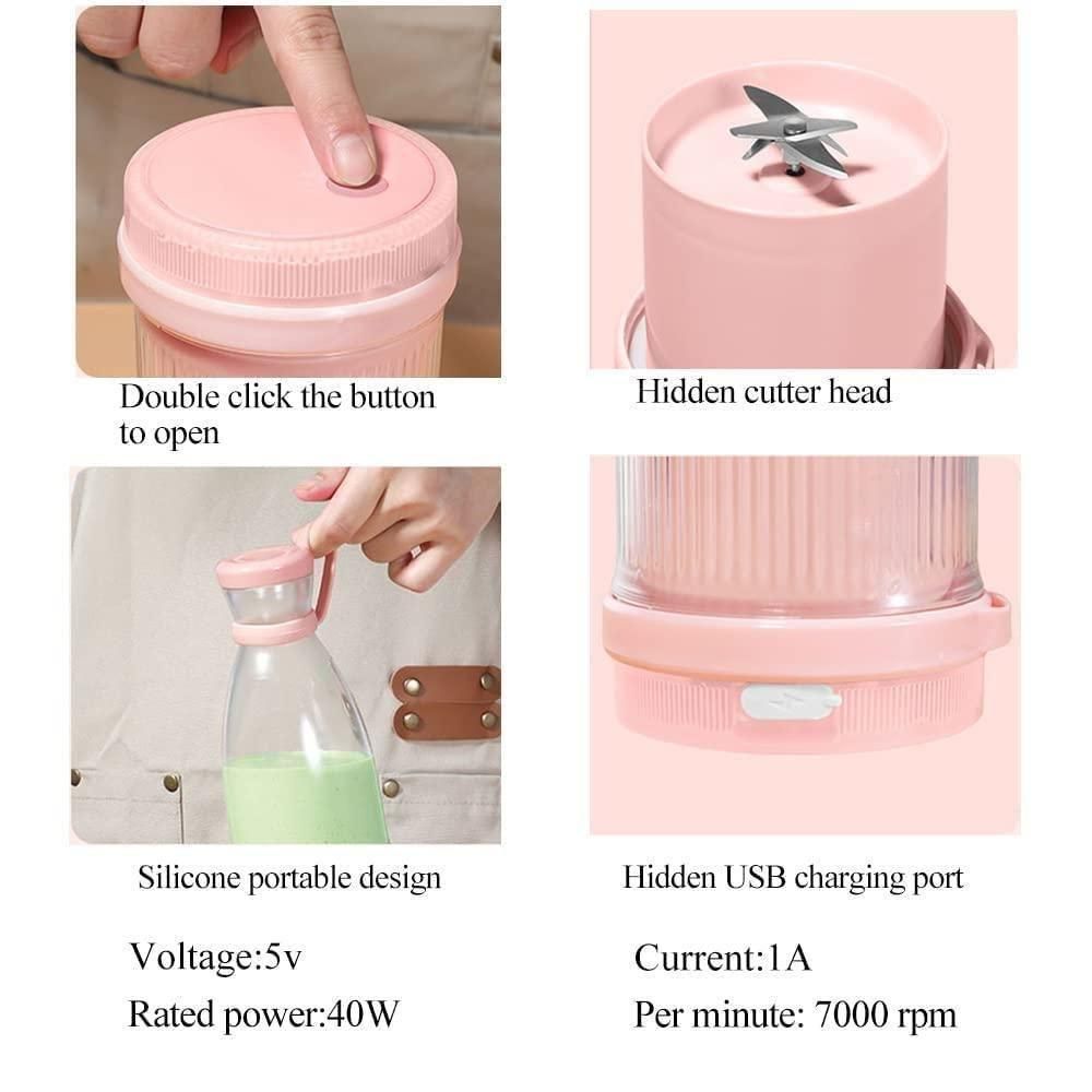 Pink kitchen tool with features highlighted, including a button to open, cutter head, USB charging port, and specifications.