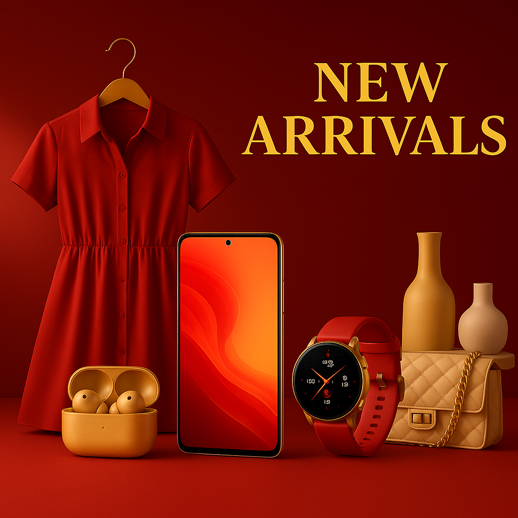 Red dress, smartphone, smartwatch, earbuds, and handbag on a red background with 'NEW ARRIVALS' text.
