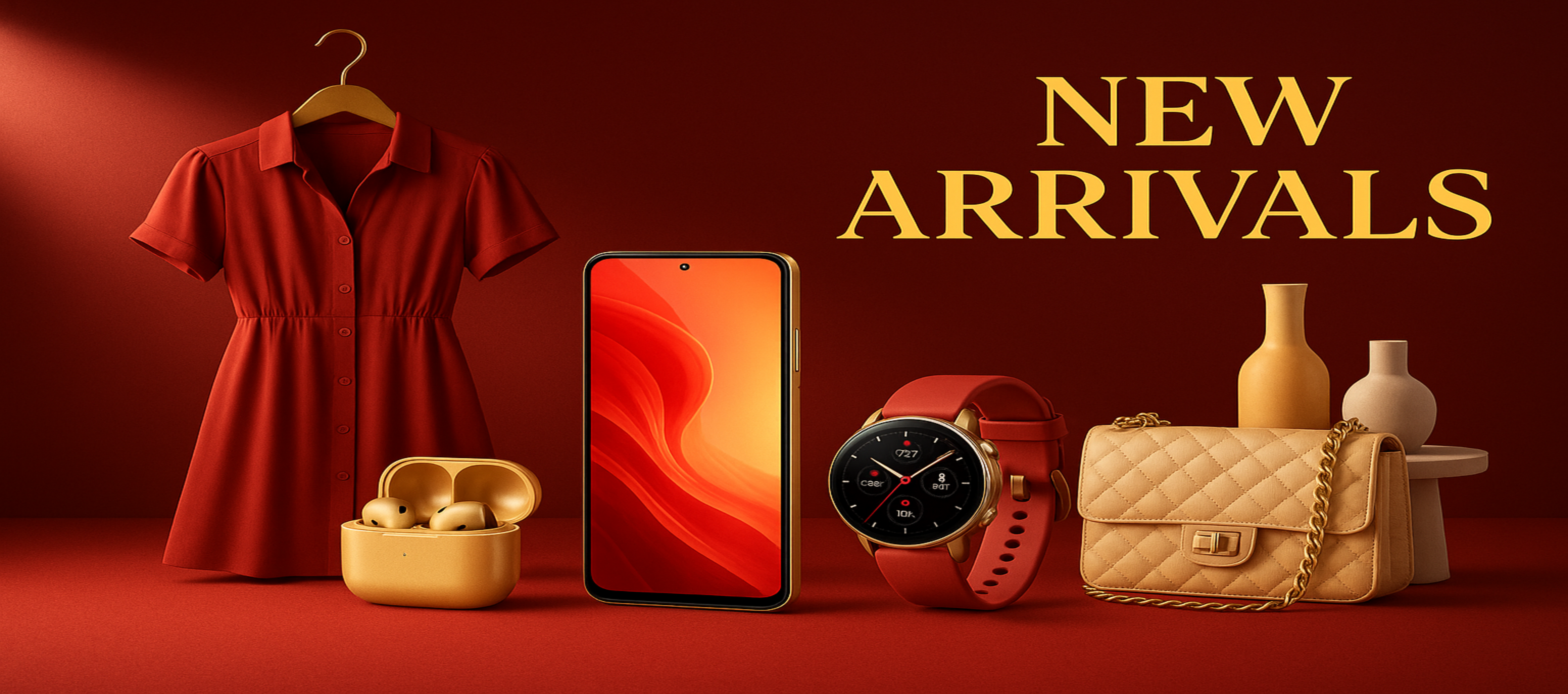 A premium e-commerce banner for new arrivals, showcasing latest products like smart gadgets, trendy fashion, and modern home decor, stylish minimal background, spotlight ultra real 4k style, bold and attractive design.