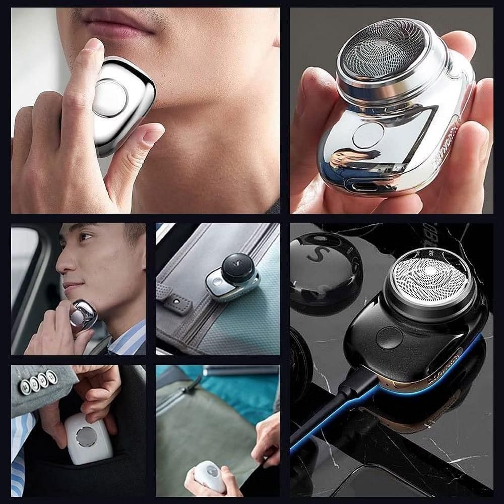 Collage of a person using a grooming tool, close-up of the tool, and different angles of the tool.
