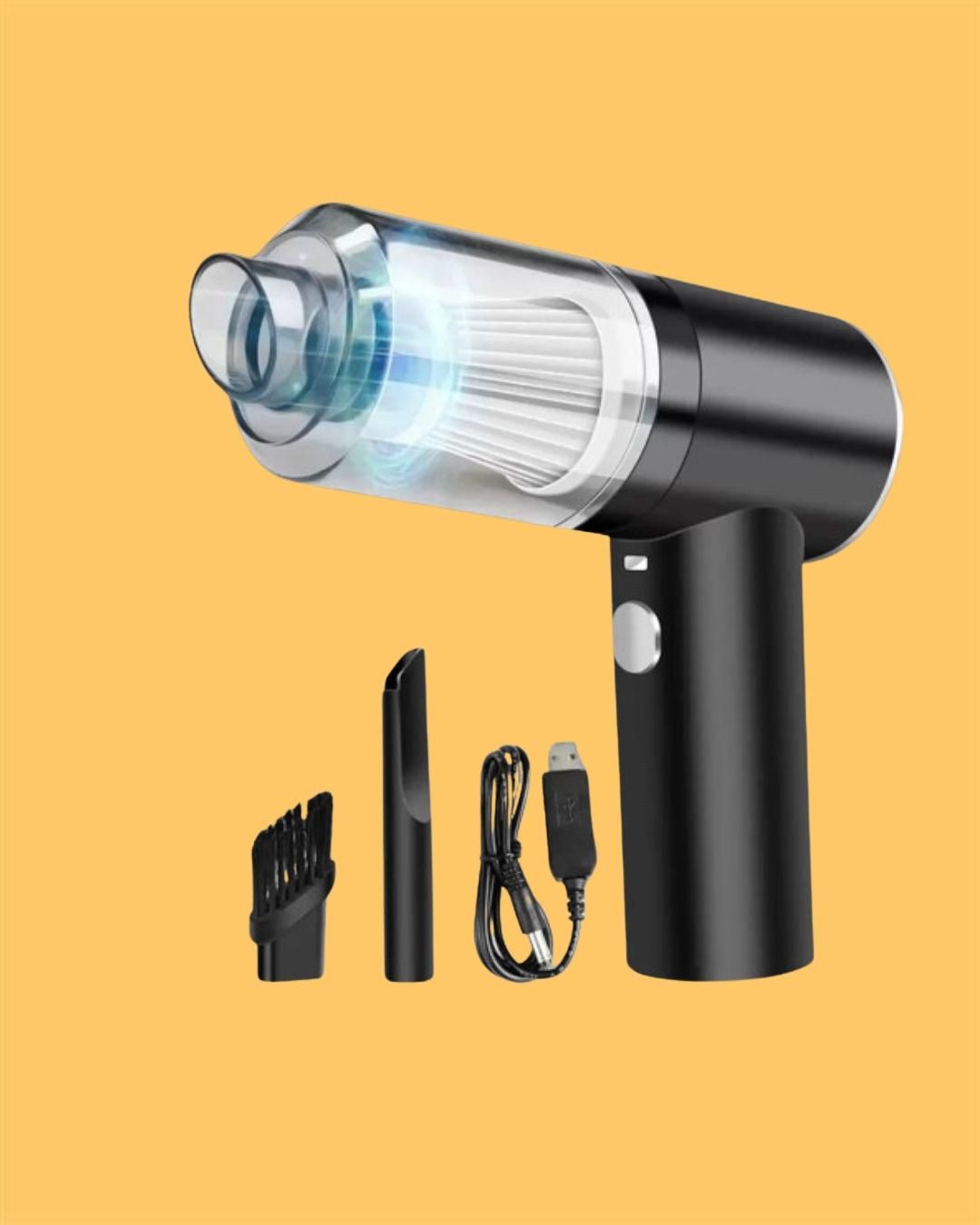 Black handheld vacuum cleaner with attachments on a yellow background